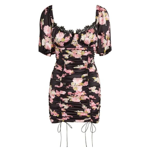 ❄️SALE❄️For Love & Lemons 'Melrose' Dress - Satin Bodycon Cocktail Puff Sleeve - Picture 1 of 7